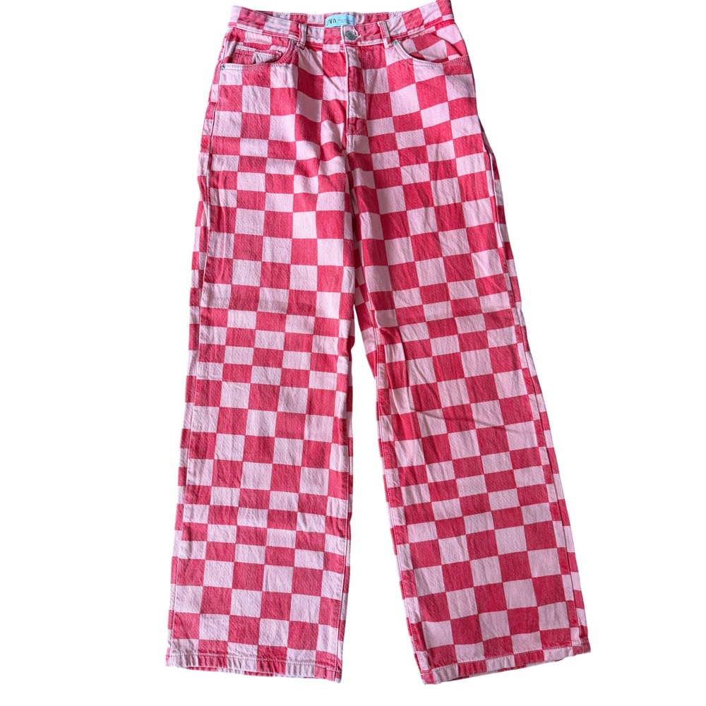Zara Women's 8 Pink Checkered Print High Rise Wide Leg Denim Jeans | SKU 1132
